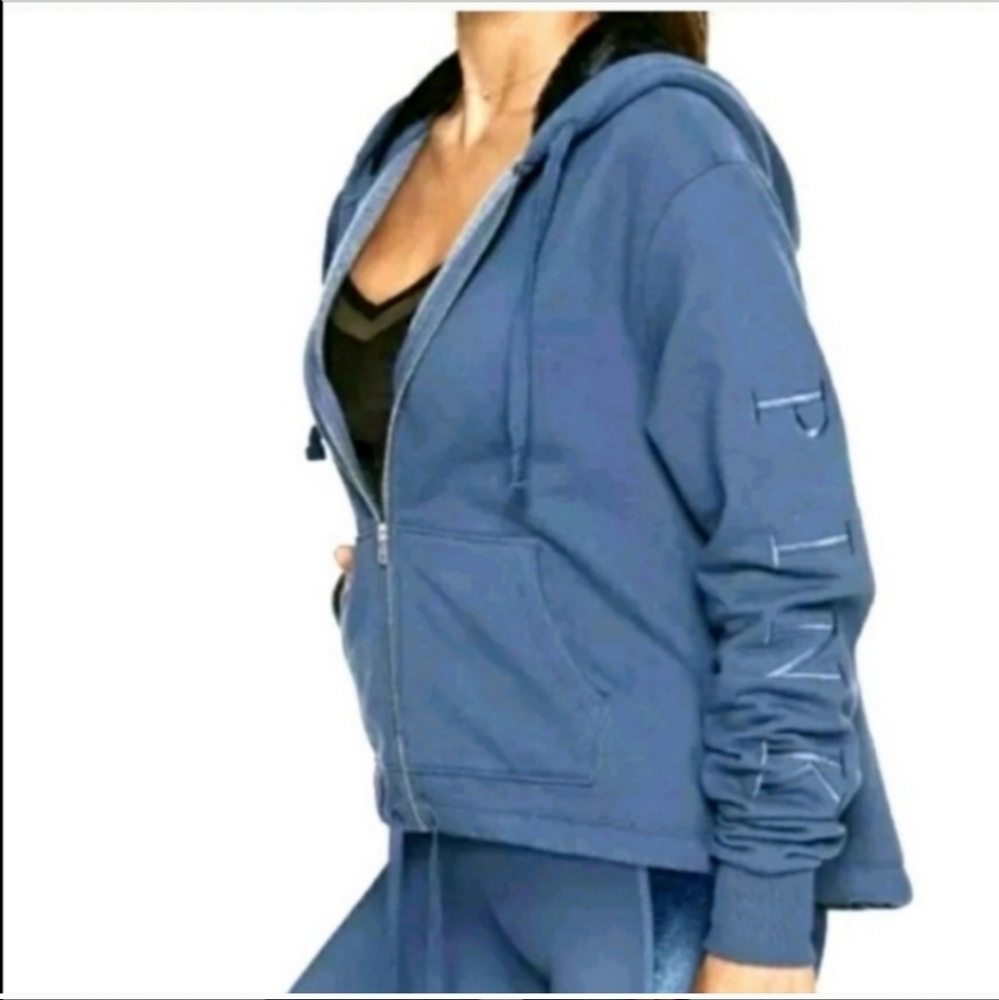 VICTORIA'S SECRET PINK Blue zip up hoodie with black faux fur lined hood - Picture 2 of 3